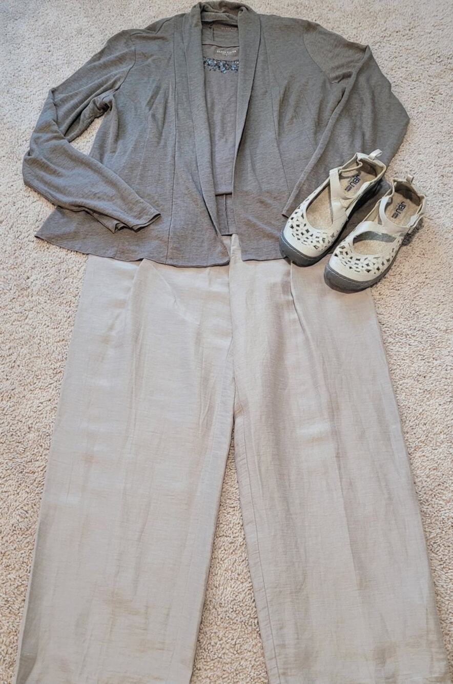 Eileen Fisher Linen Cardigan L Taupe Minimal Luxe Boho